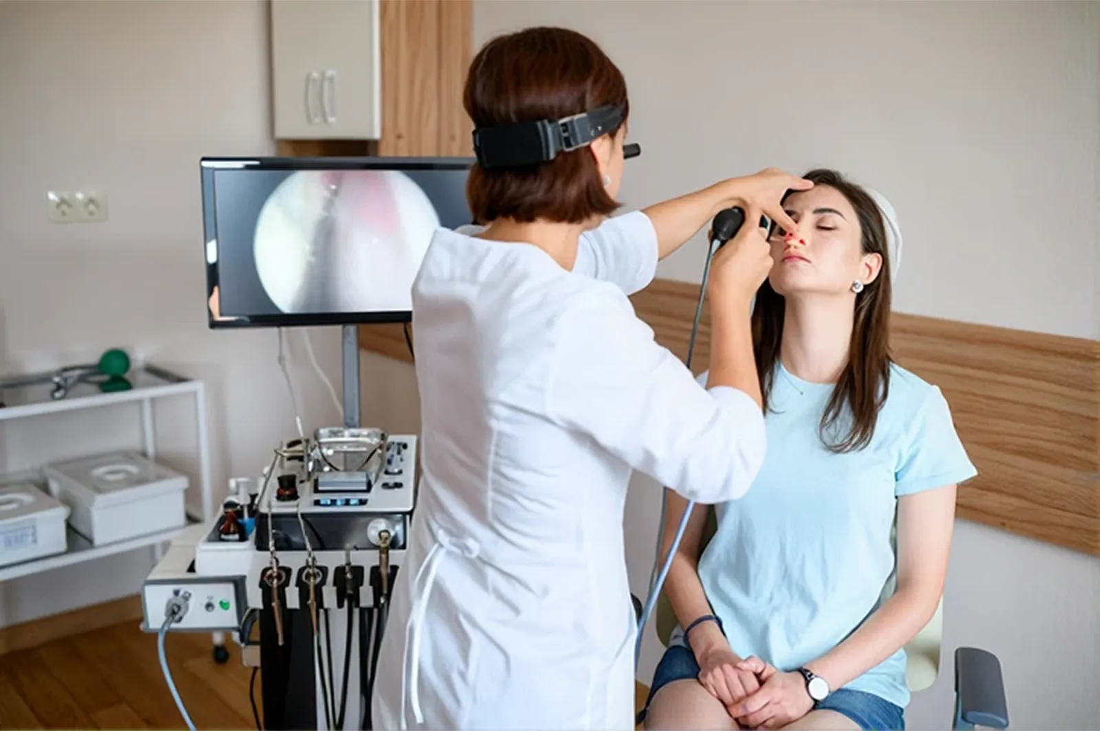 An ENT specialist examining a patient with an endoscope